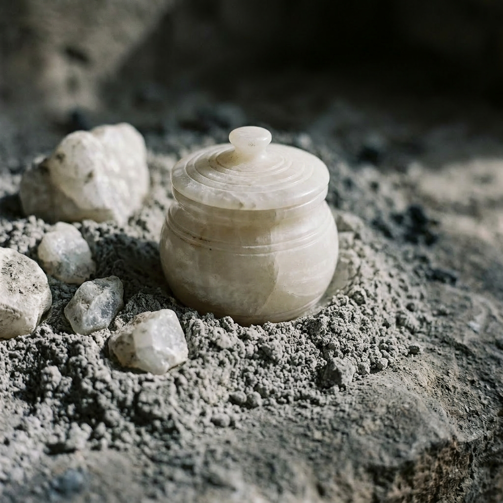 Small round alabaster jar with lid placed on dusty ground surrounded by rocks