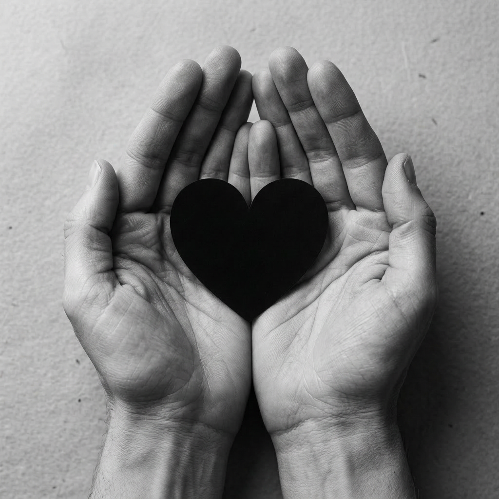 Two hands cupped together holding a black heart cutout