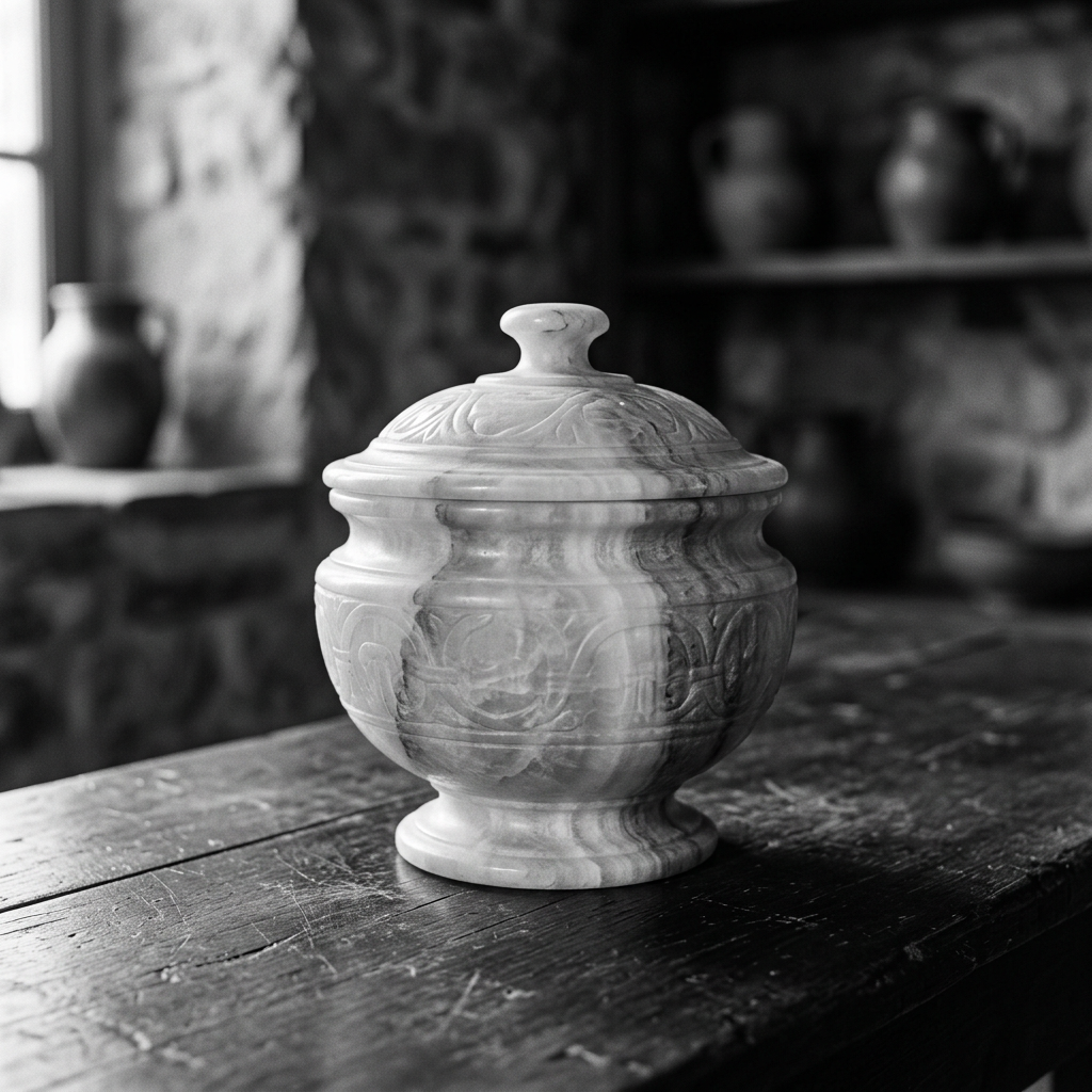 Carved marble urn with lid on wooden table in rustic room