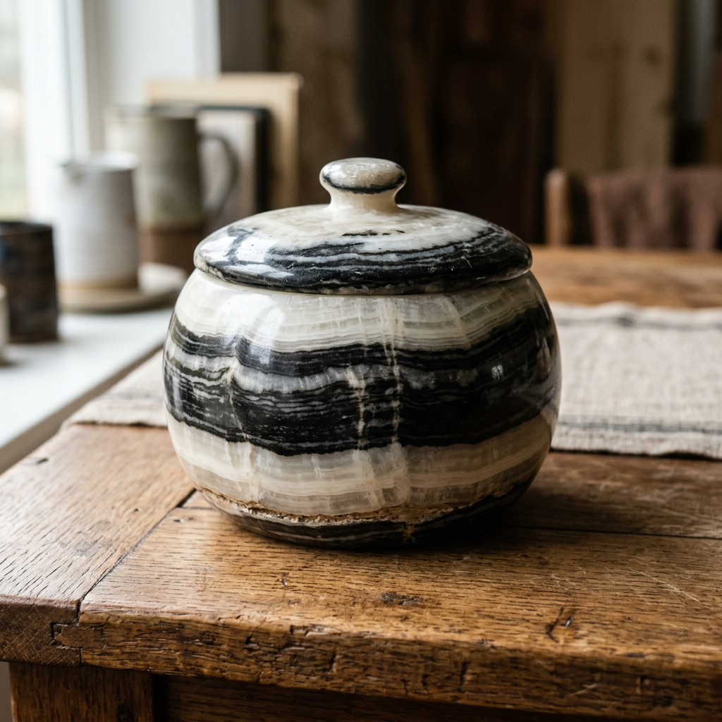 Round ceramic jar with black and white horizontal stripes and a lid