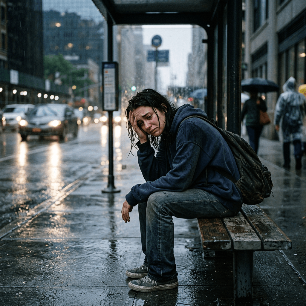 Young woman sitting on rain-soaked bench in urban setting, looking distressed