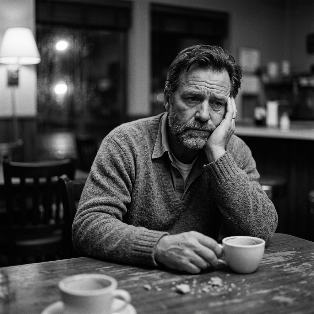 Middle-aged man resting his head on hand looking thoughtful with a coffee cup on the table