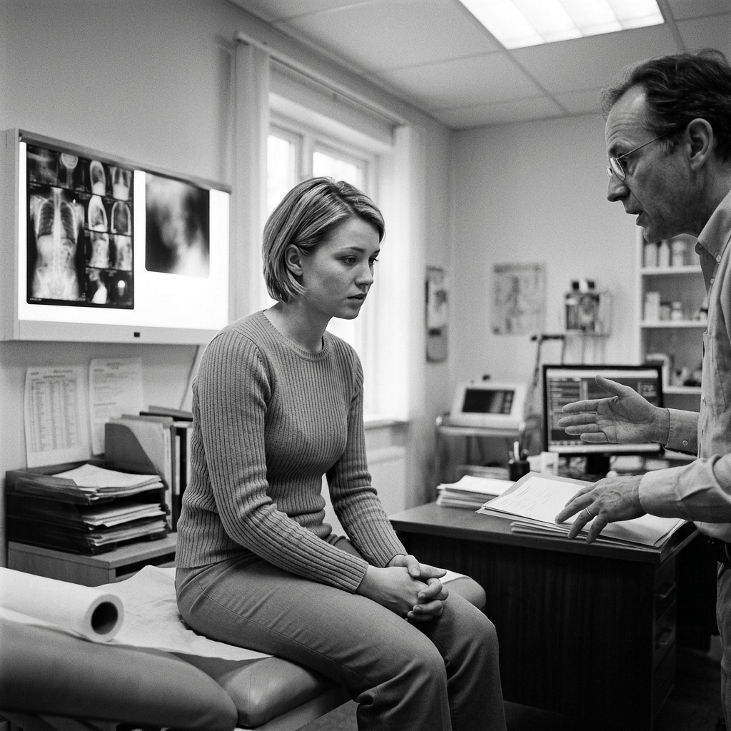 Clinician discussing medical imaging results with a seated patient